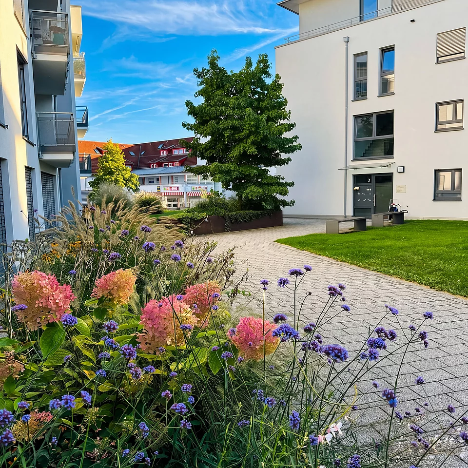Gepflasterter Weg zwischen modernen weißen Wohngebäuden mit grüner Wiese und blühenden Blumen in lila und rosa im Vordergrund unter blauem Himmel.