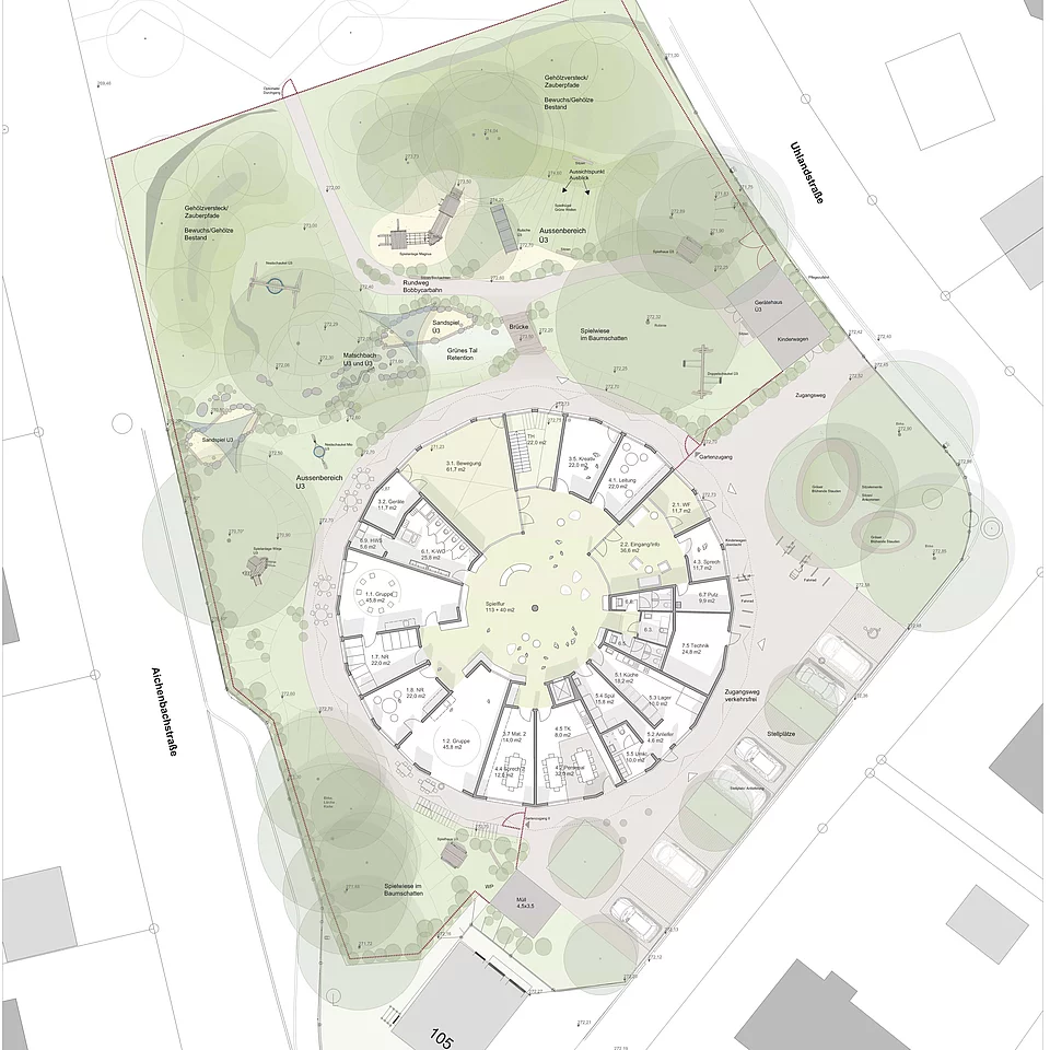 Wettbewerb Grundriss eines kreisförmigen Gebäudes mit umliegenden Spielplätzen, Wegen, Parkplätzen und grünen Bereichen.