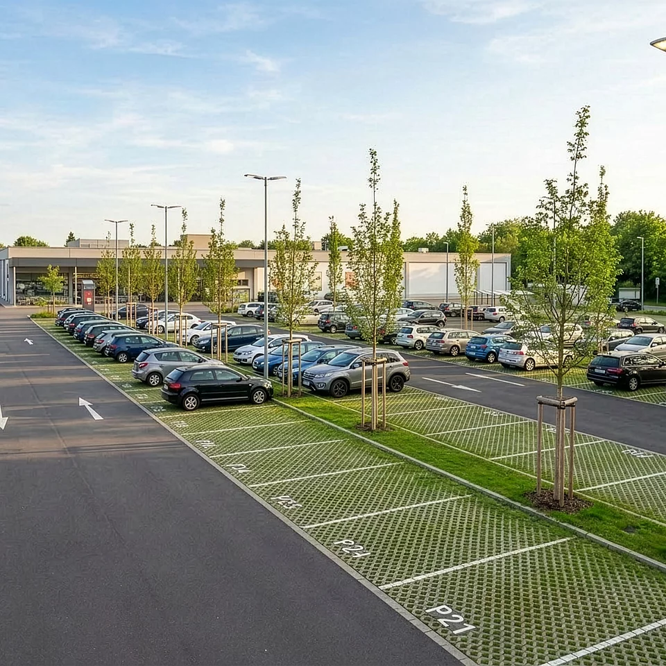 Parkplatz Gewerbe Großer Parkplatz mit mehreren parkenden Autos, begrünten Flächen mit jungen Bäumen und zwei Personen, die am linken Rand entlanggehen.