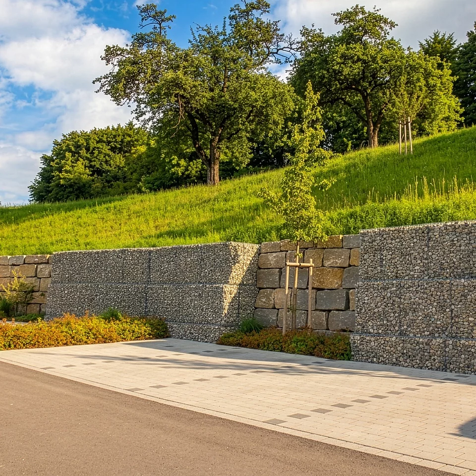 Parkplatz neben einer Hangböschung mit Stützmauern aus Steinkörben und bepflanztem Grün auf dem Hügel unter blauem Himmel.