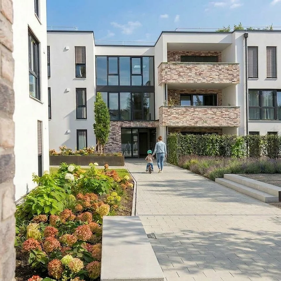 Moderner Wohnkomplex mit mehrstöckigen Gebäuden, gepflegtem Garten und gepflastertem Gehweg, auf dem eine erwachsene Person mit einem Kind läuft.