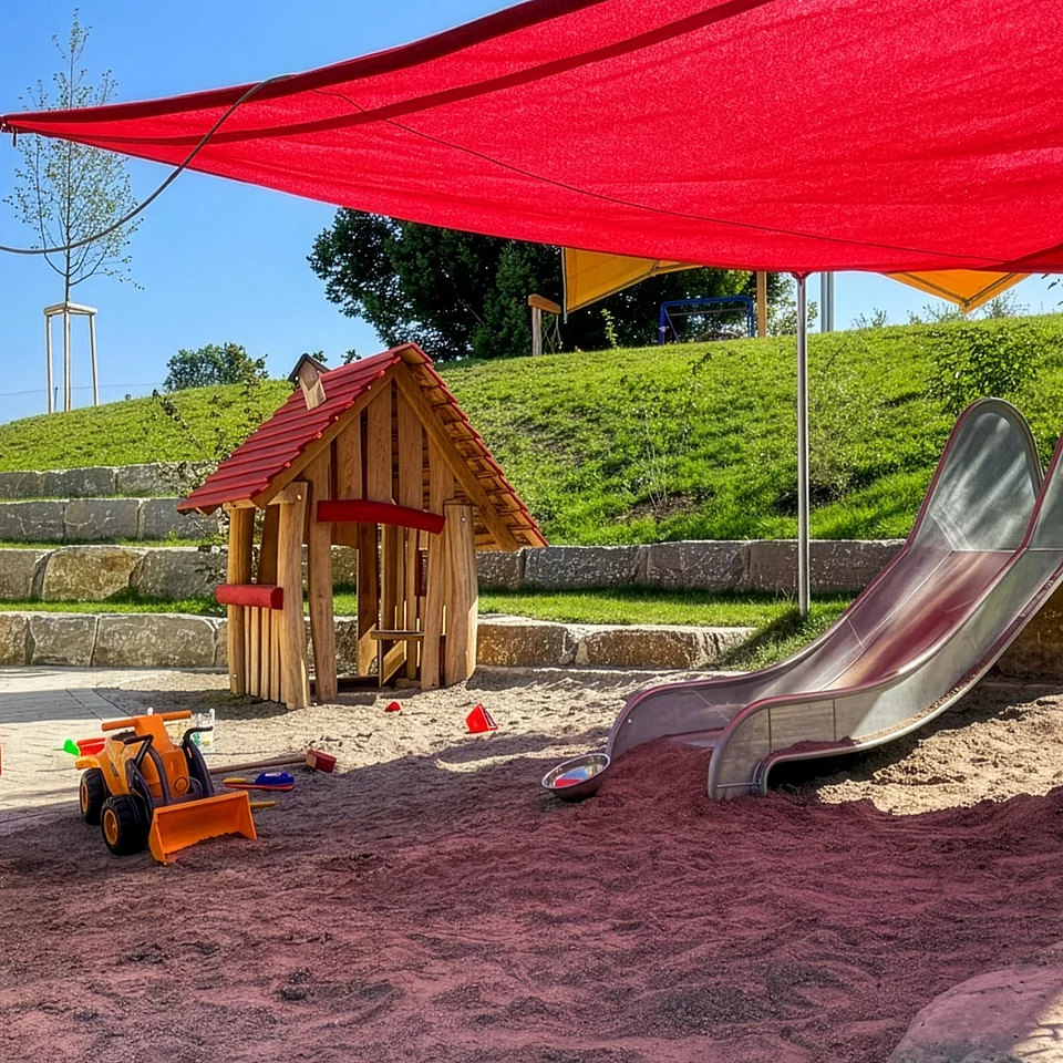 Sandbereich Kinderspielplatz mit Sandkasten, Rutsche, Spielhaus und rotem Sonnenschutzdach an einem sonnigen Tag.