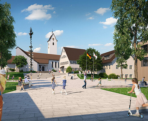 Gestalteter Freiraum der neuen Dorfmitte Neukirch