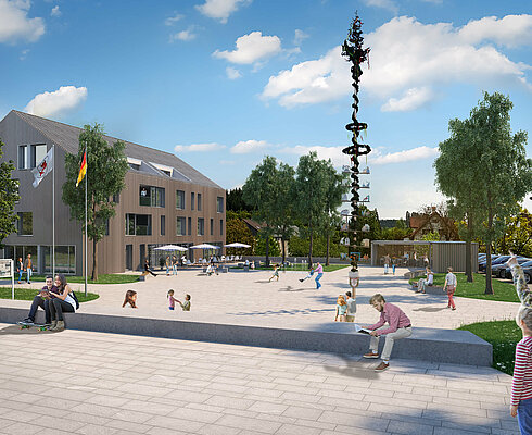 Gestalteter Freiraum der neuen Dorfmitte Neukirch